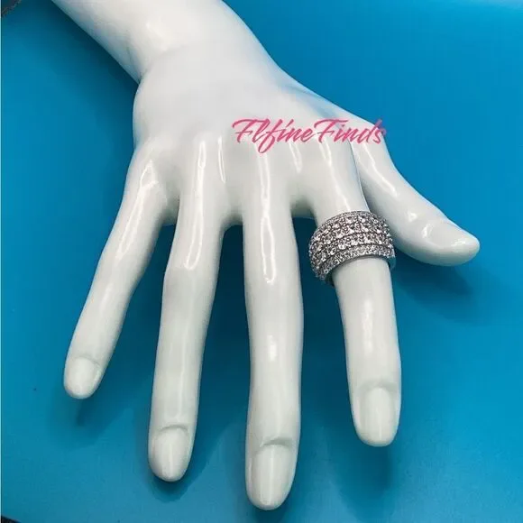 🧊💍Wide Luxurious Silver CZ Diamond 5-Row Sparkle Band Statement Cocktail Ring - Picture 10 of 17
